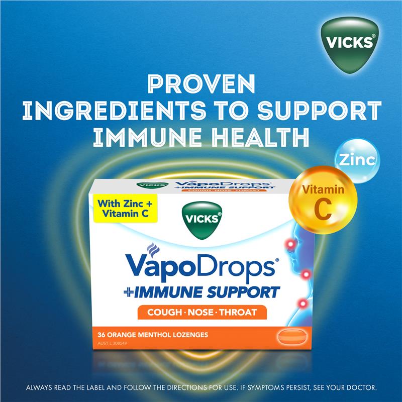 Vicks VapoDrops Immune Support Orange 16 Lozenges - With Zinc & Vitamin C