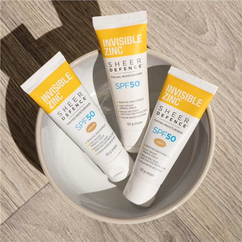 Invisible Zinc SPF 50+ Sheer Defence Tinted Moisturiser Light 50g - Flawless Protection for Everyday Use