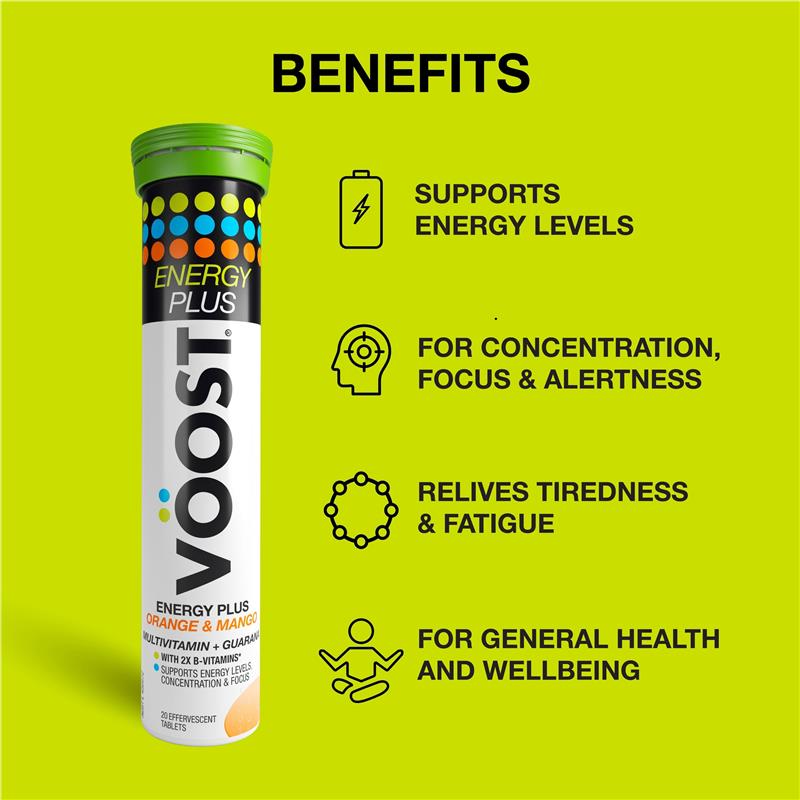 Voost Energy Plus Orange & Mango Effervescent Tablets - 60 Pack for Energy Production