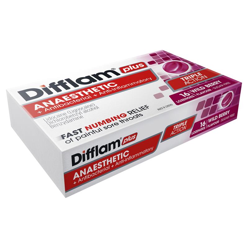 Difflam Plus Anaesthetic Sugar Free Wild Berry Lozenges - 16 Count