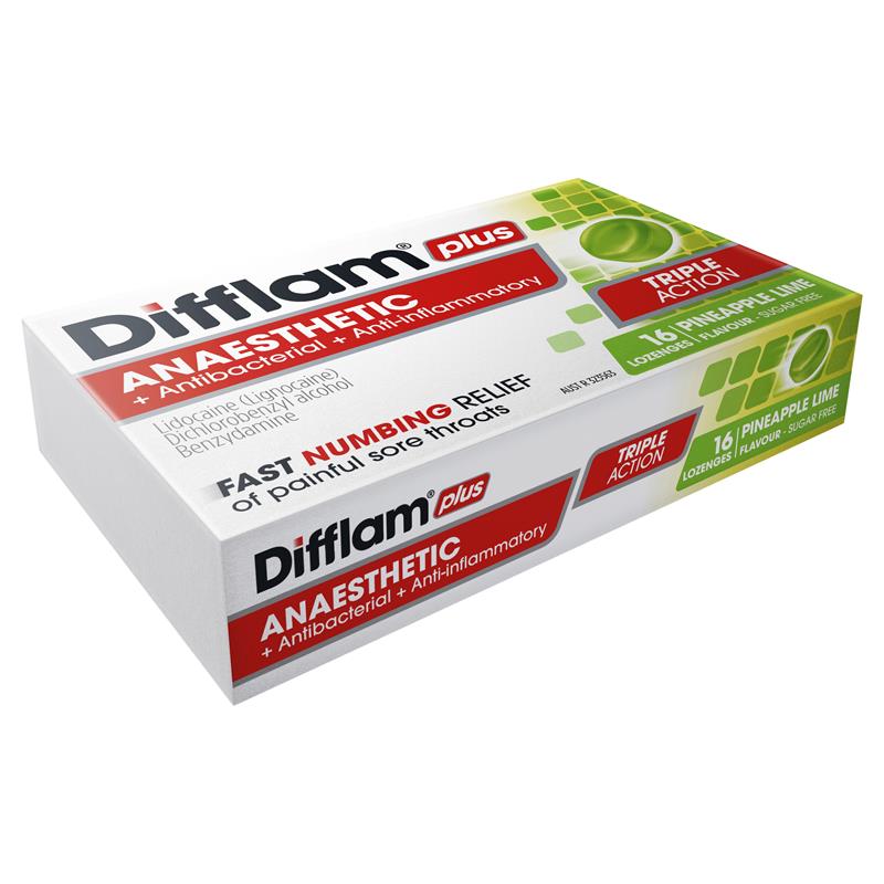 Difflam Plus Anaesthetic Sugar Free Pineapple & Lime Lozenges - 16 Count