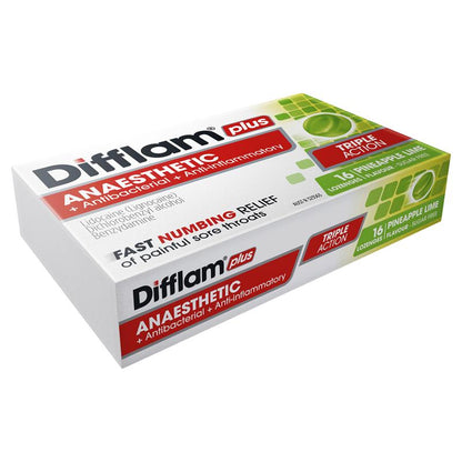 Difflam Plus Anaesthetic Sugar Free Pineapple & Lime Lozenges - 16 Count