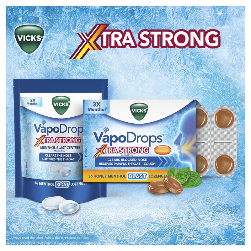 Vicks VapoDrops + Cough Xtra Strong Honey Menthol 36 Lozenges