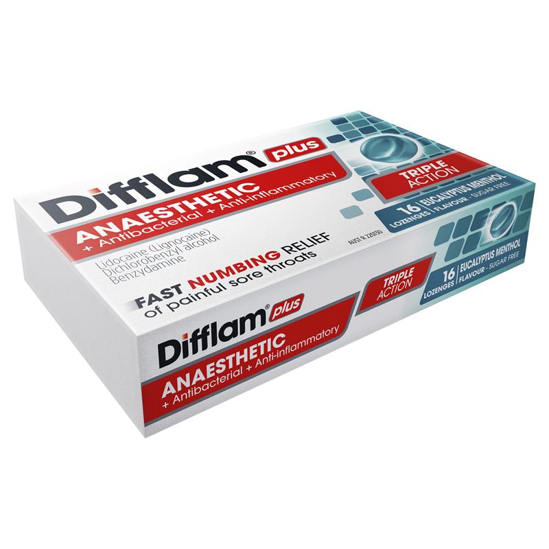 Difflam Plus Anaesthetic Sugar Free Eucalyptus Menthol Lozenges - 16 Count