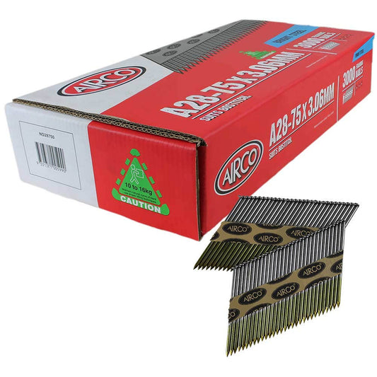 AIRCO 28 degrees Bright Steel Framing Nails - 75mm Box of 3000 ND28750