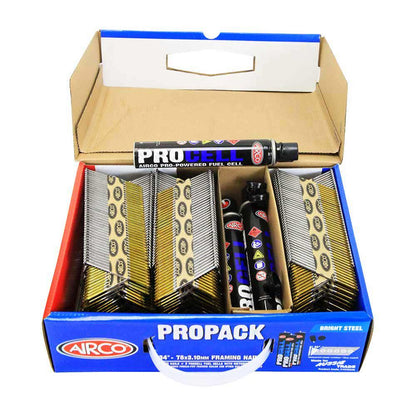 AIRCO 34 degrees Bright Steel Framing Nails - 75mm Box of 3000 and 3 Fuel Cells FYP75310