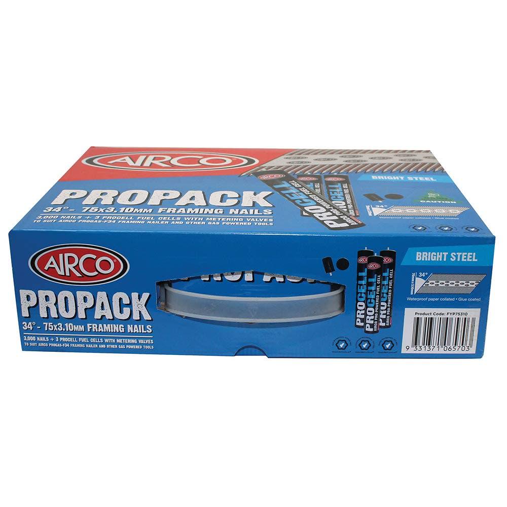 AIRCO 34 degrees Bright Steel Framing Nails - 75mm Box of 3000 and 3 Fuel Cells FYP75310