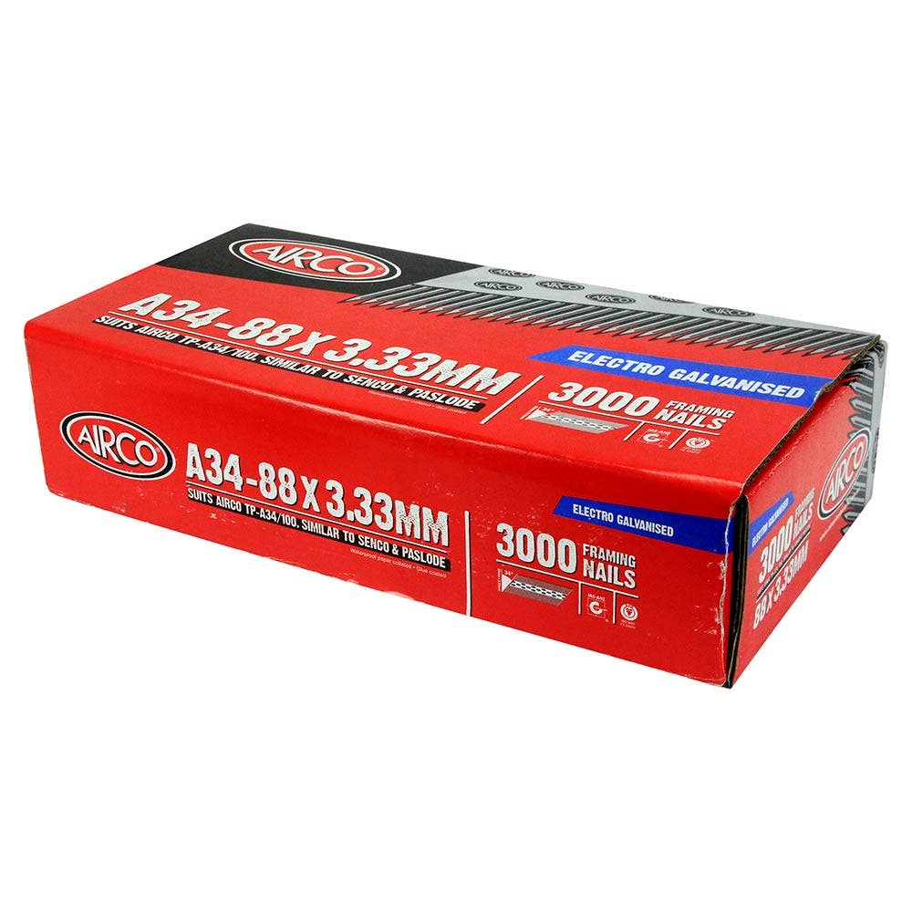 AIRCO 34 degrees Electro Galvanised Framing Nails - 88mm Box of 3000 ND34881
