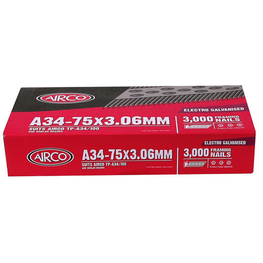 AIRCO 34 degrees Electro Galvanised Framing Nails - 75mm Box of 3000 ND34751