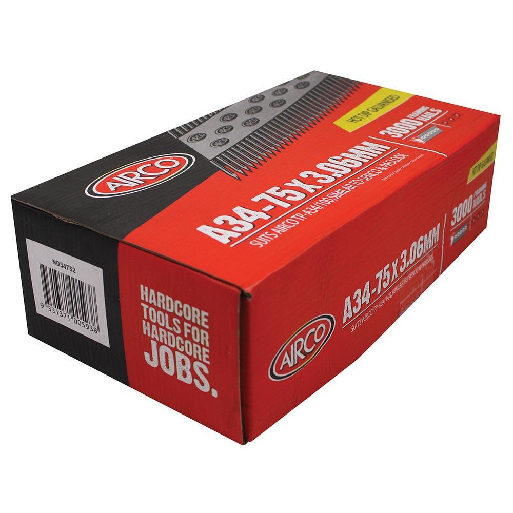 AIRCO 34 degrees Hot Dipped Galvanised Framing Nails - 75mm Box of 3000 ND34752