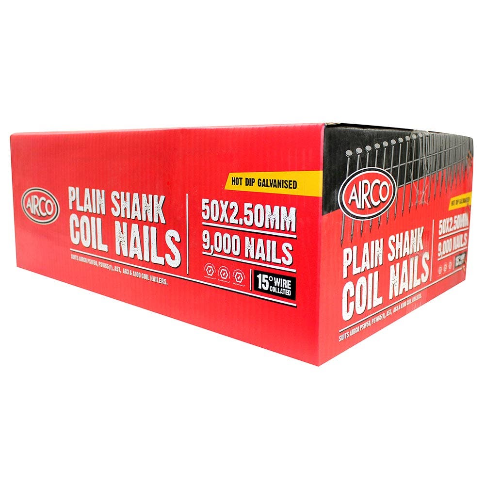 AIRCO Coil Nail Smooth Shank Hot Dipped Galvanised - 50mm Box of 9000 YA50252