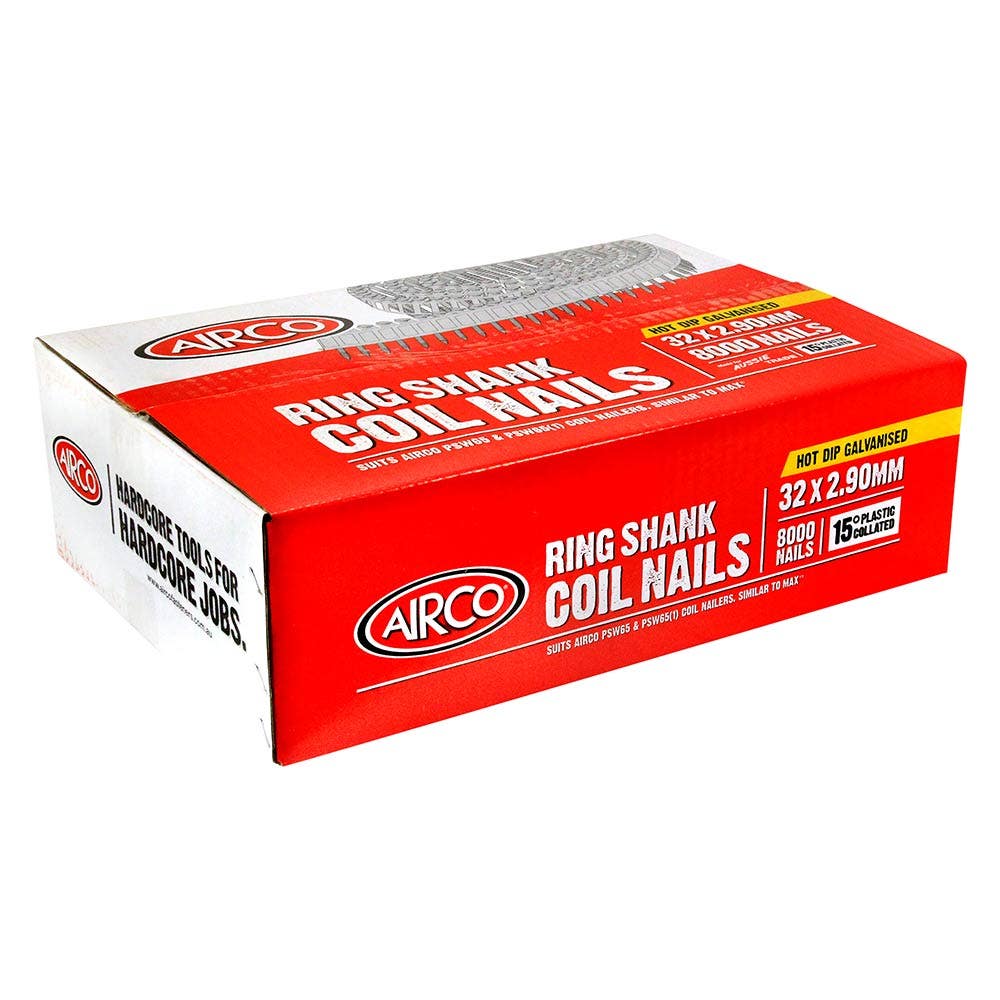 AIRCO Fap Series Coil Nail - Hardened Ring Shank Hot Dipped Galvanised - 32mm Box of 8000 YF32292R