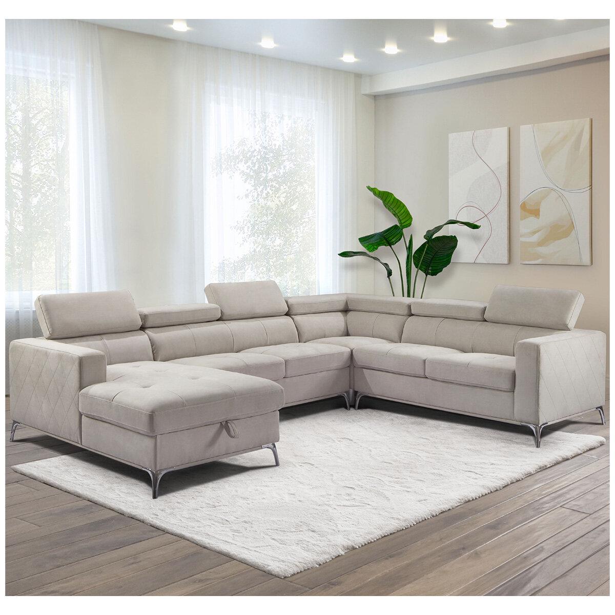 Abbyson Blaise Fabric Sectional With Storage Chaise And Adjustable Headrests Grey
