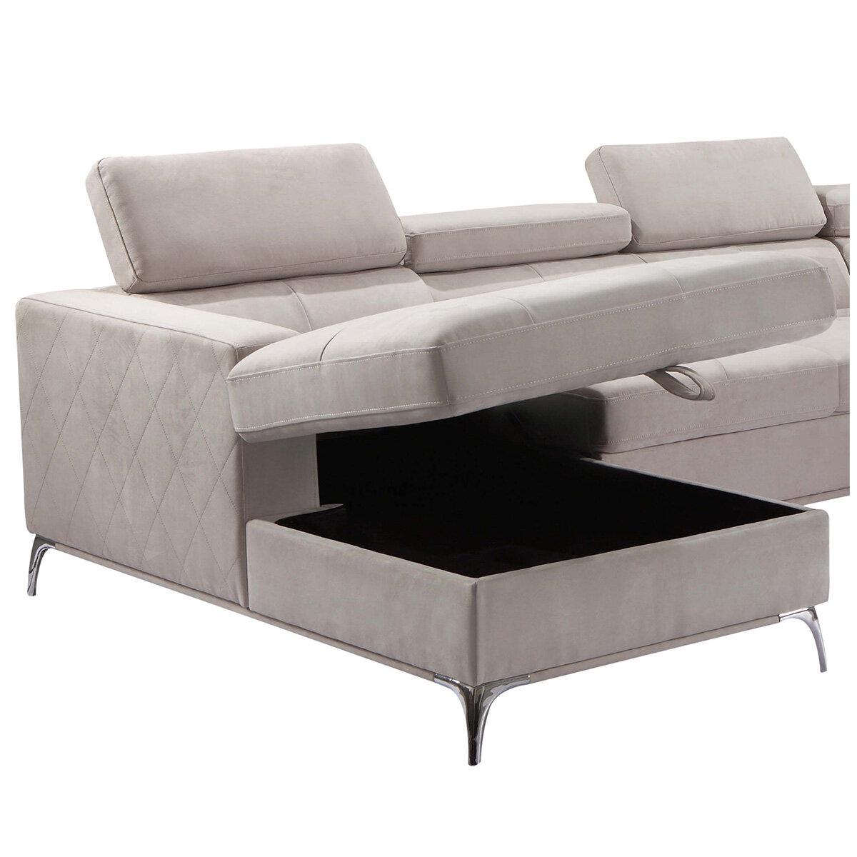 Abbyson Blaise Fabric Sectional With Storage Chaise And Adjustable Headrests Grey