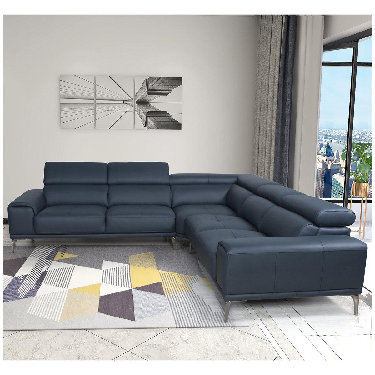 Abbyson Quinton Top Grain Leather Sectional with Adjustable Headrests Blue