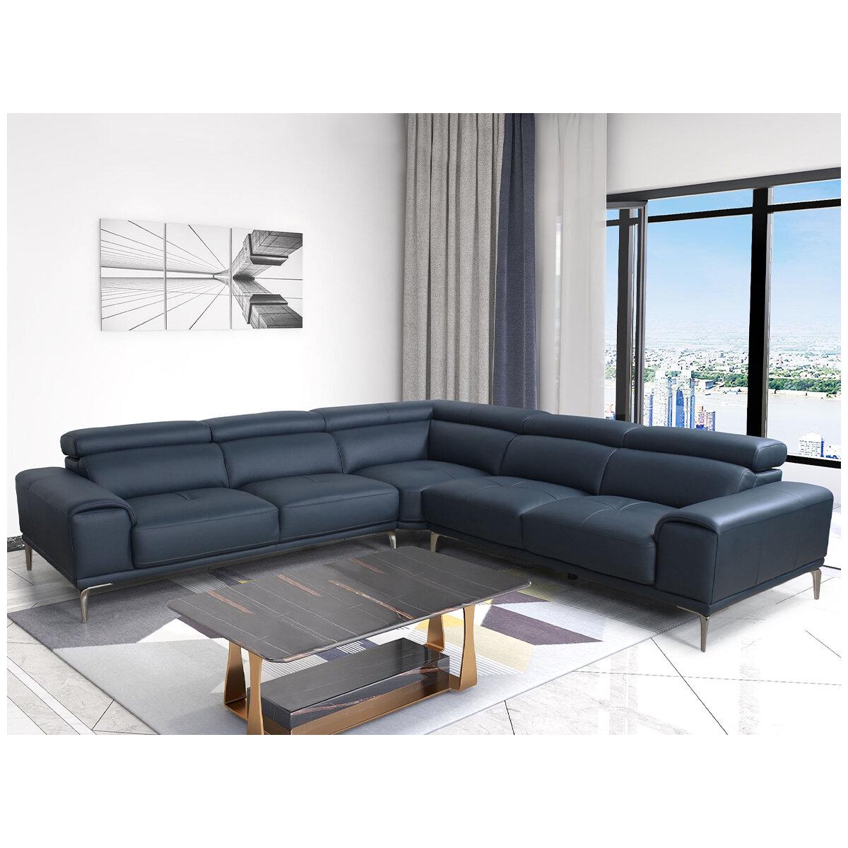 Abbyson Quinton Top Grain Leather Sectional with Adjustable Headrests Blue