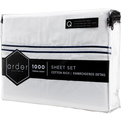 Ardor 1000 Thread Count Hotel Embroidered King Sheet Set Navy