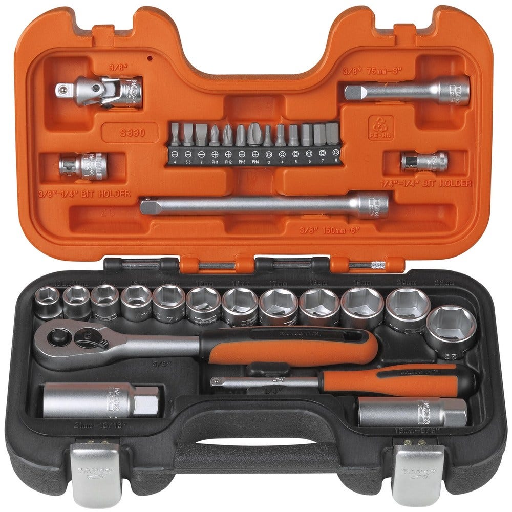 BAHCO 34 Piece 1 4inch and 3 8inch Drive Socket set- Metric S330