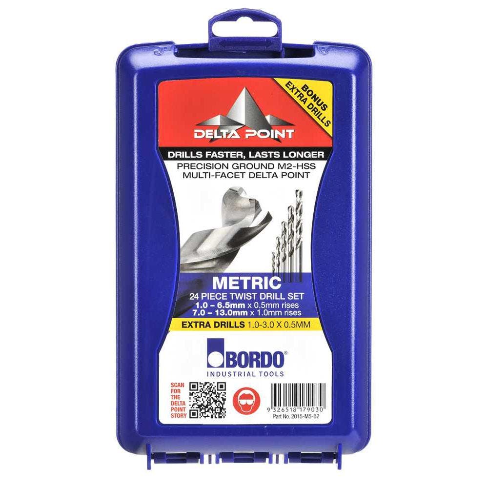 BORDO 1-13mm HSS Delta Point Drill Bit Set w 1.0-3.0 x 0.5mm Extra Drills - 24 Piece 2015-M5-B2