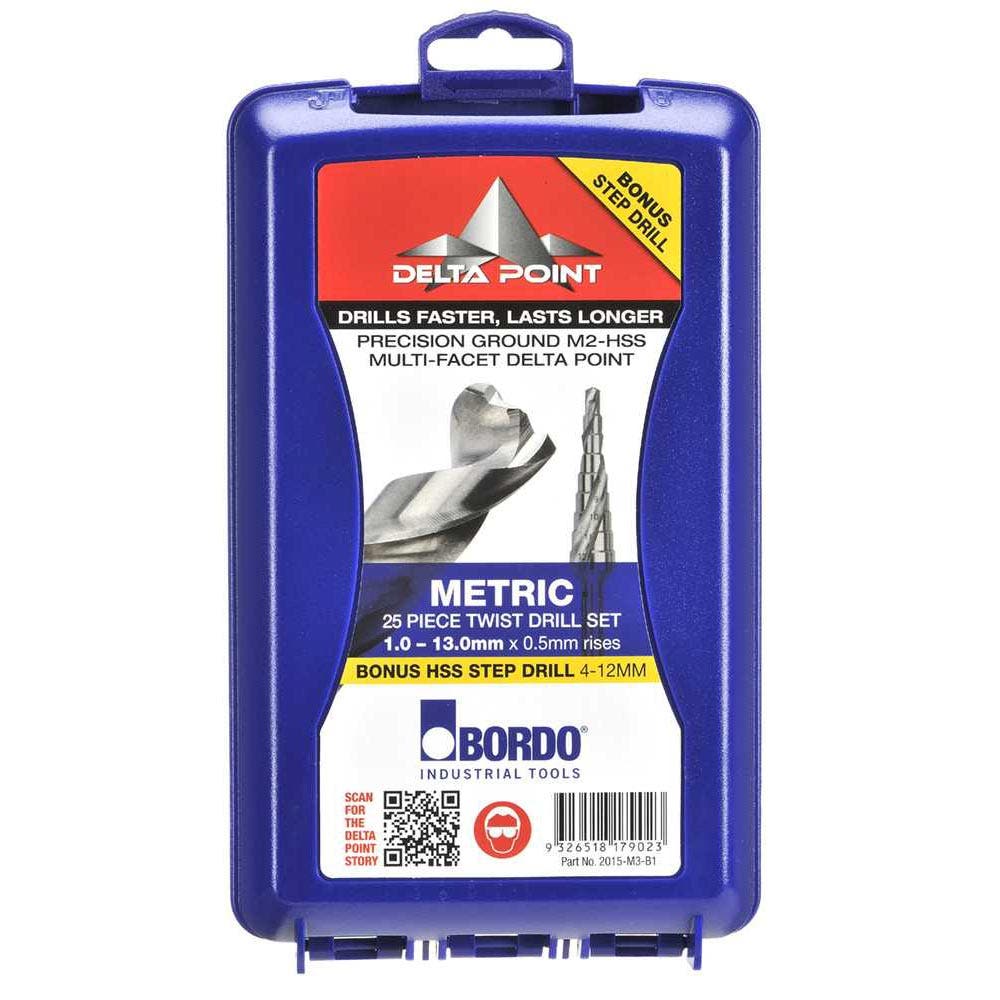 BORDO 1-13mm HSS Delta Point Drill Bit Set w 4-12mm Step Drill - 25 Piece 2015-M3-B1