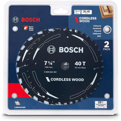 BOSCH 184mm 20T and 40T TCT Circular Saw Blade Set for Wood Cutting - CORDLESS WOOD- 2 Piece