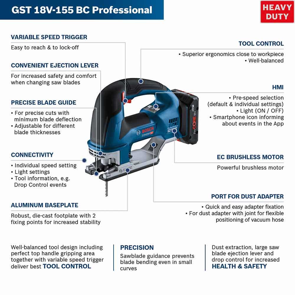 BOSCH 18V Brushless 3800RPM 26mm Jigsaw Skin GST 18V-155 BC 06015B1041