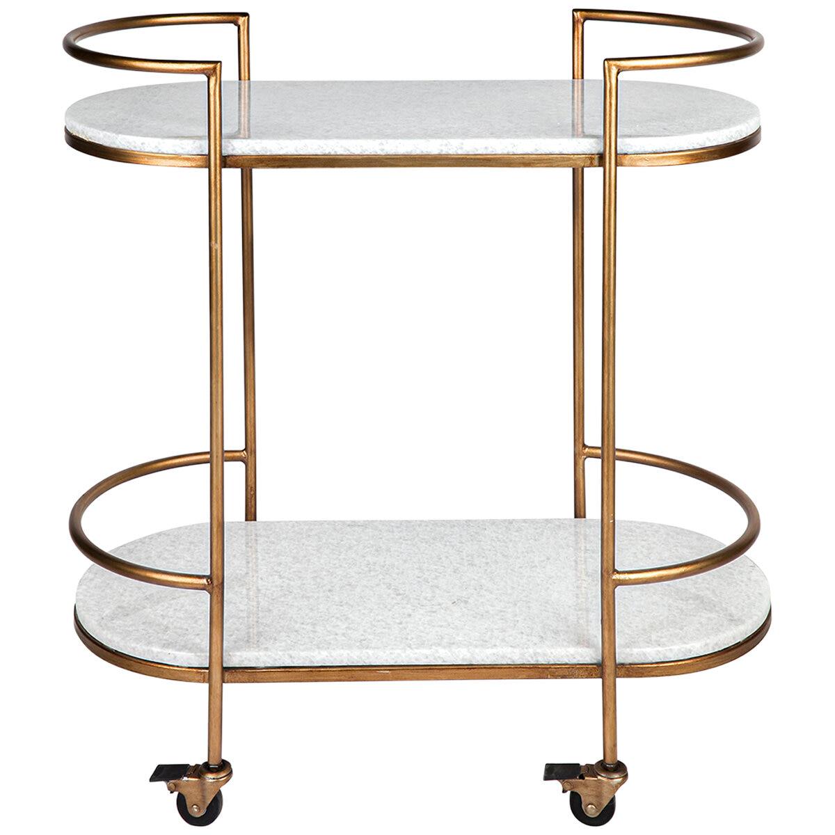 CAFE LIGHTING and LIVING Southside White Stone Bar Cart Antique Gold