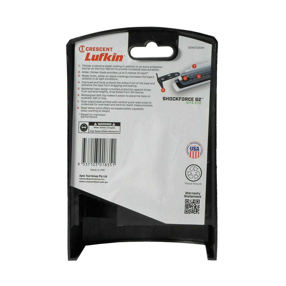 CRESCENT LUFKIN 10m x 32mm Shockforce Nite Eye Gen 2 Tape Measure - Black G2NE1032M