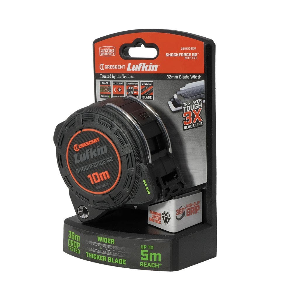 CRESCENT LUFKIN 10m x 32mm Shockforce Nite Eye Gen 2 Tape Measure - Black G2NE1032M