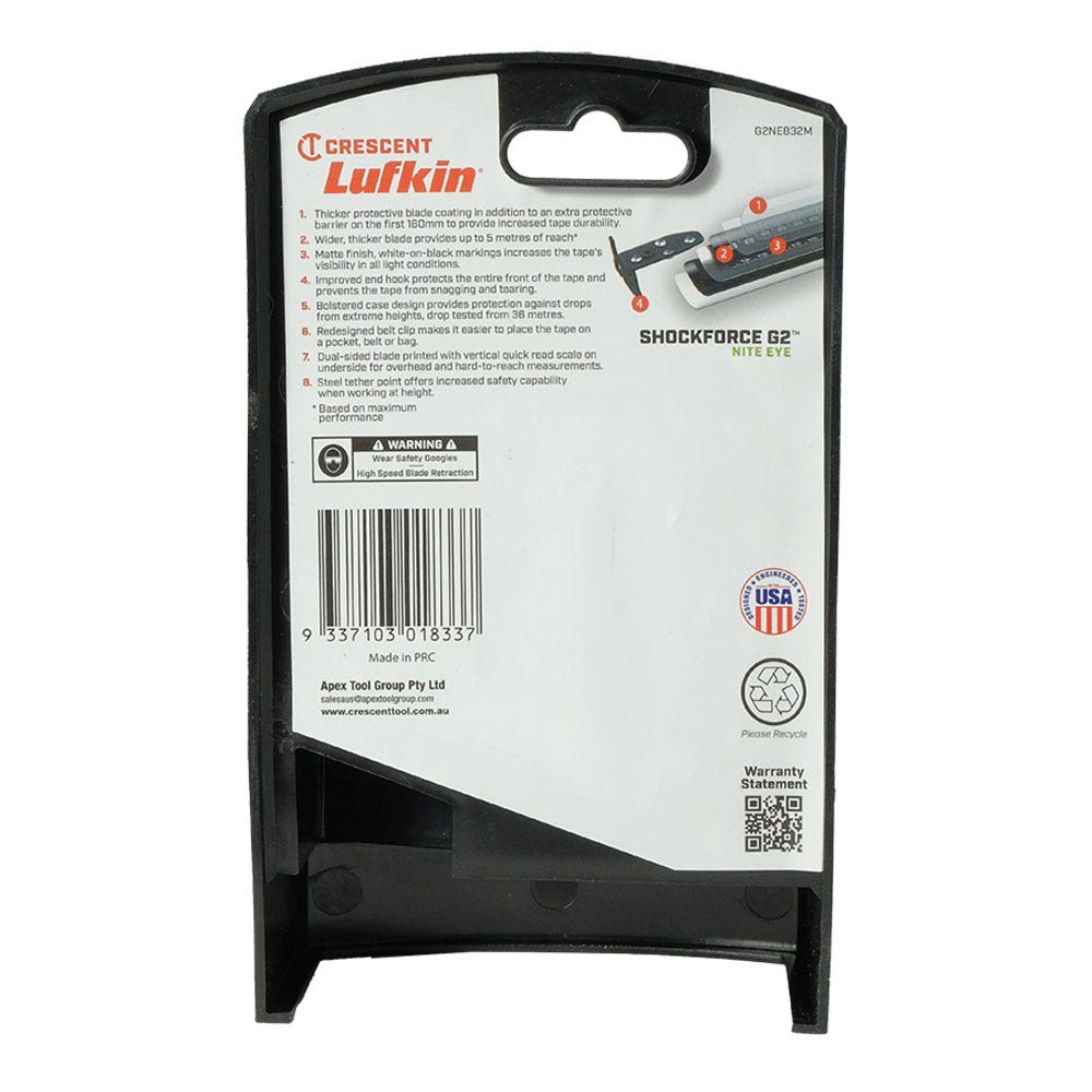CRESCENT LUFKIN 8m x 32mm Shockforce Nite Eye Gen 2 Tape Measure - Black G2NE832M