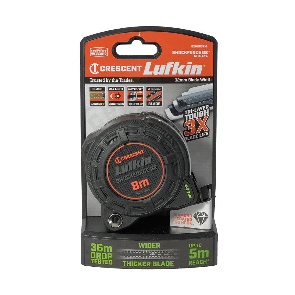 CRESCENT LUFKIN 8m x 32mm Shockforce Nite Eye Gen 2 Tape Measure - Black G2NE832M