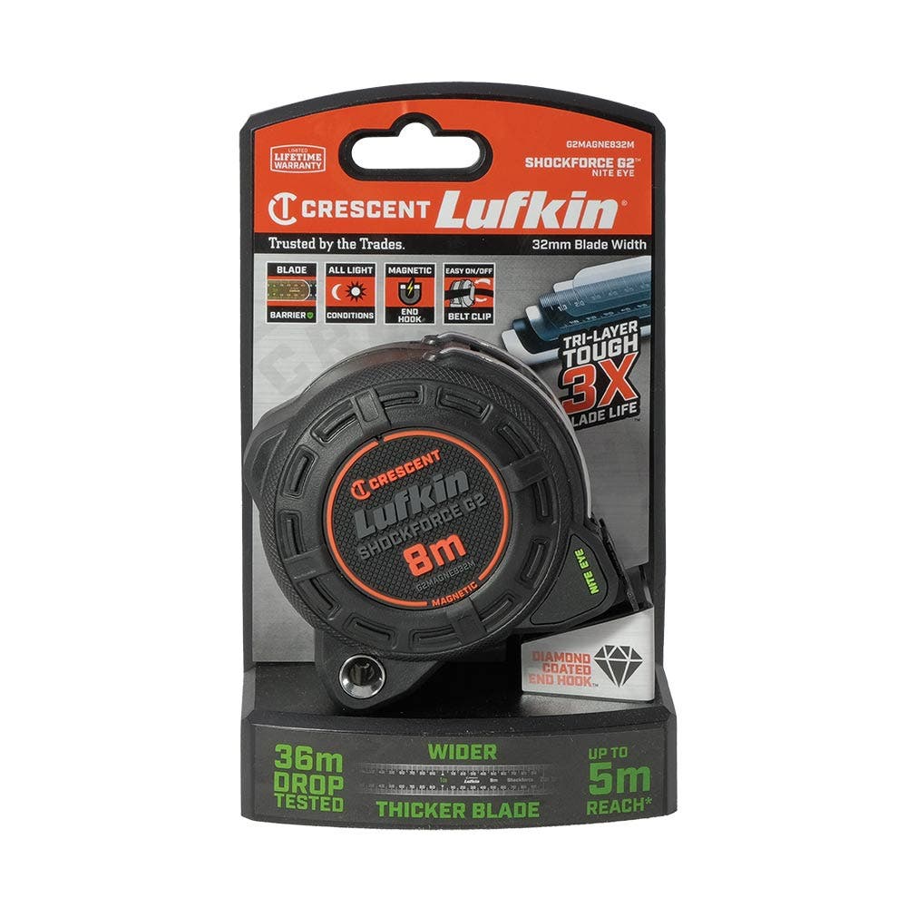 CRESCENT LUFKIN 8m x 32mm Shockforce Nite Eye Gen 2 Magnetic Tape Measure - Black G2MAGNE832M