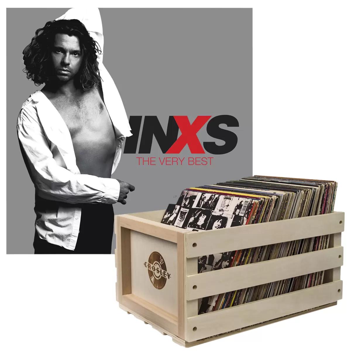 Crosley Record Storage Crate and INXS The Very Best Double Vinyl Album Bundle
