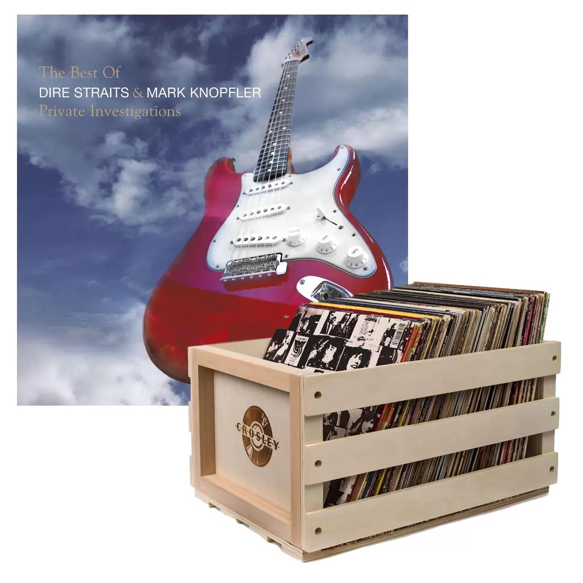Crosley Record Storage Crate and Dire Straits, Mark Knopfler, The Best Of Dire Straits Double Vinyl Album Bundle