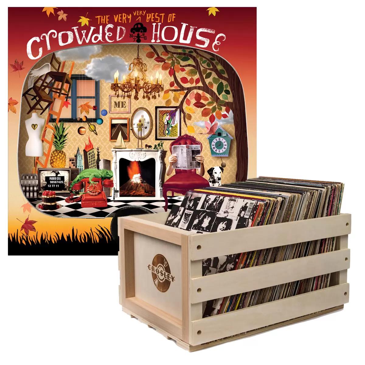 Crosley Record Storage Crate and Crowded House The Very Very Best of Crowded House Double Vinyl Album Bundle