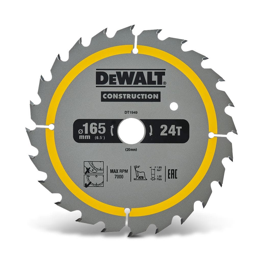 DEWALT 165 x 20mm 24T TCT CONSTRUCTION Circular Saw Blade for Wood Cutting DT1949-QZ