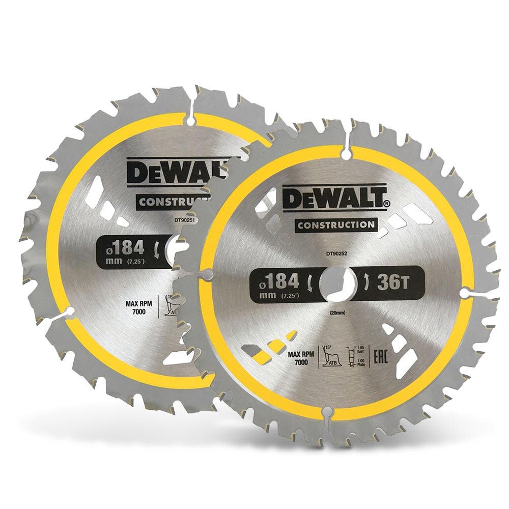DEWALT 184 x 20mm 24 36T TCT CONSTRUCTION Circular Saw Blade - 2 Piece DT90253-QZ
