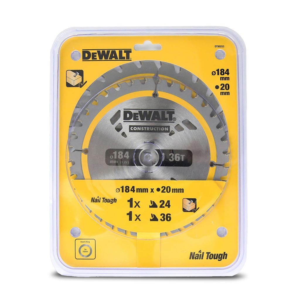 DEWALT 184 x 20mm 24 36T TCT CONSTRUCTION Circular Saw Blade - 2 Piece DT90253-QZ