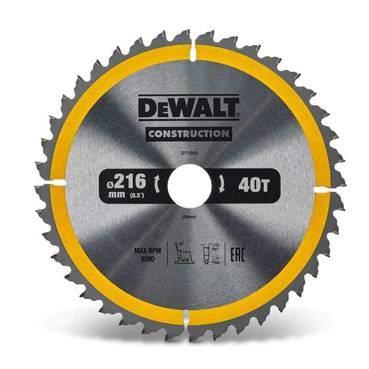 DEWALT 216 x 30mm 40T TCT CONSTRUCTION Circular Saw Blade for Wood Cutting DT1953-QZ