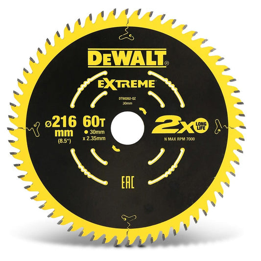 DEWALT 216 x 30mm 60T TCT EXTREME Circular Saw Blade for Wood Cutting DT90262-QZ