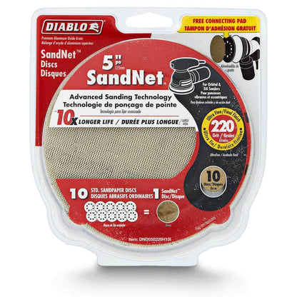 DIABLO 125mm 220-Grit Net Hook and Loop Sanding Disc and Connection Pad - SANDNET - 10 Piece