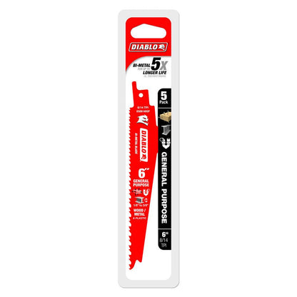 DIABLO 152mm Bi-Metal Recip Blade for Nail-Embedded Wood, Metal, and Plastic - 5 Piece 2610052332