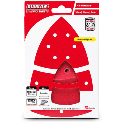 DIABLO 93mm 102 x 62mm Mixed-Grit Hook and Loop Detail Sanding Sheet - 10 Piece 2608F01179