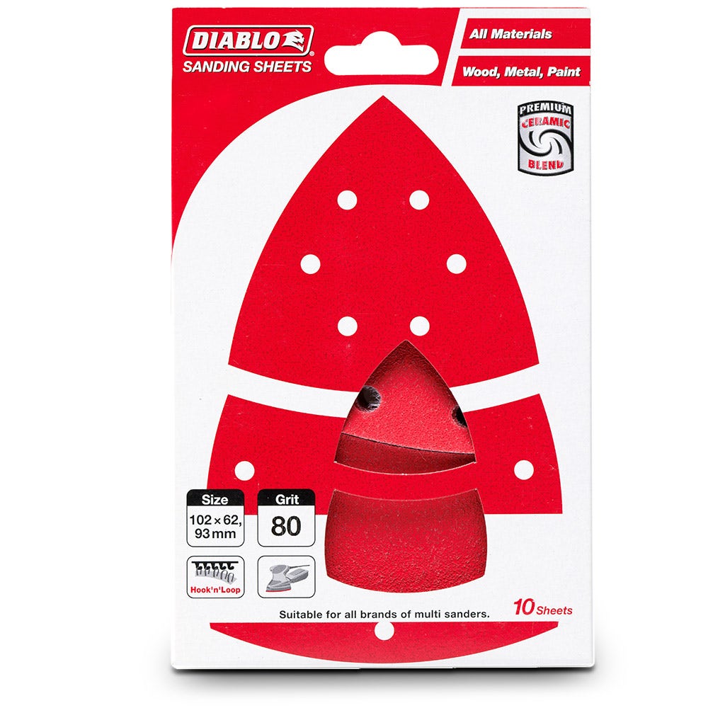DIABLO 93mm 102 x 62mm 80-Grit Hook and Loop Detail Sanding Sheet for All Surface - 10 Piece 2608F01181
