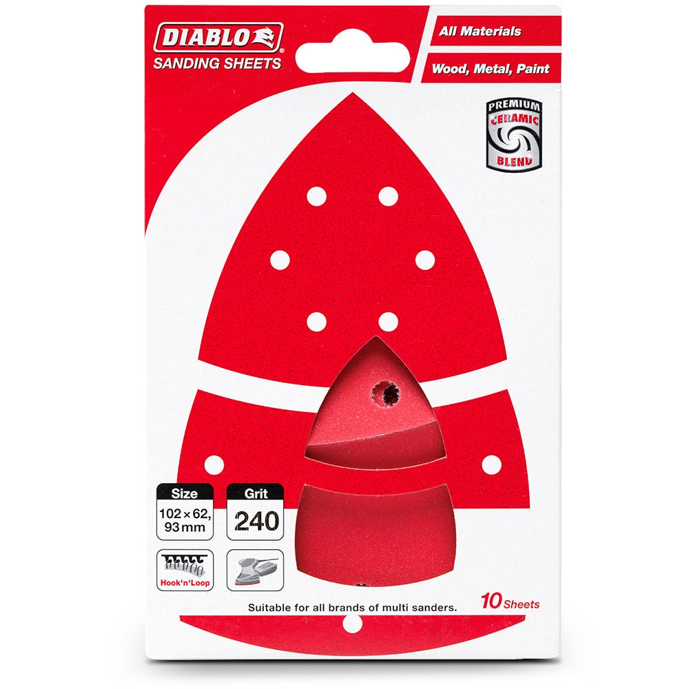 DIABLO 93mm 102 x 62mm 240-Grit Hook and Loop Detail Sanding Sheet for All Surface - 10 Piece 2608F01183