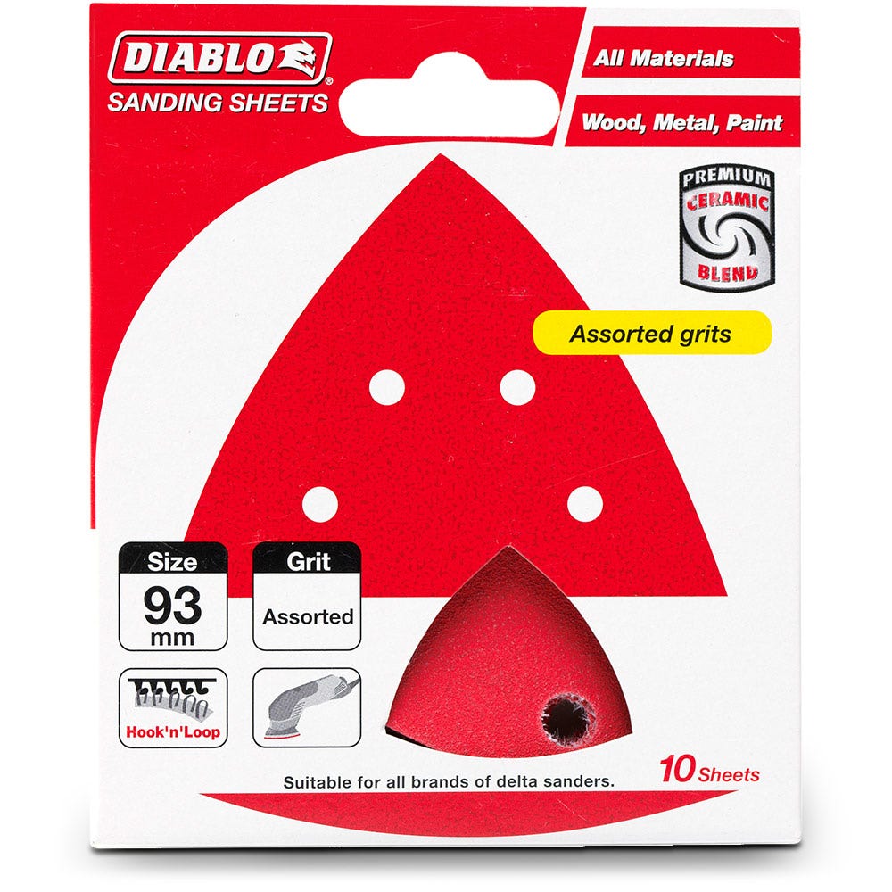 DIABLO 93mm Mixed-Grit 6-Hole Hook and Loop Delta Sanding Sheet - 10 Piece 2608F01174