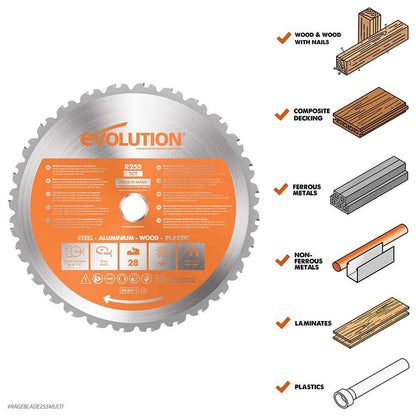 EVOLUTION 255mm 28T TCT Multi-Purpose Saw Blade - Rage RAGEBLADE255M