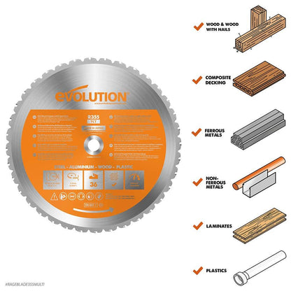 EVOLUTION 355mm 36T TCT Multi-Purpose Saw Blade - RAGE