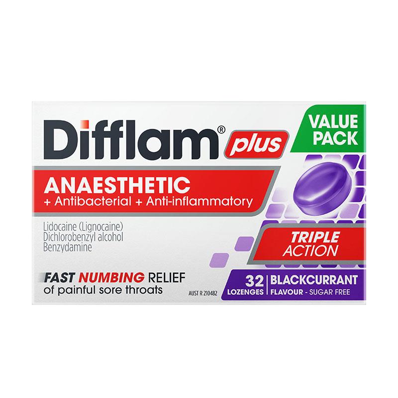 Difflam Plus Triple Action Blackcurrant 32 Lozenges - Fast Sore Throat Relief