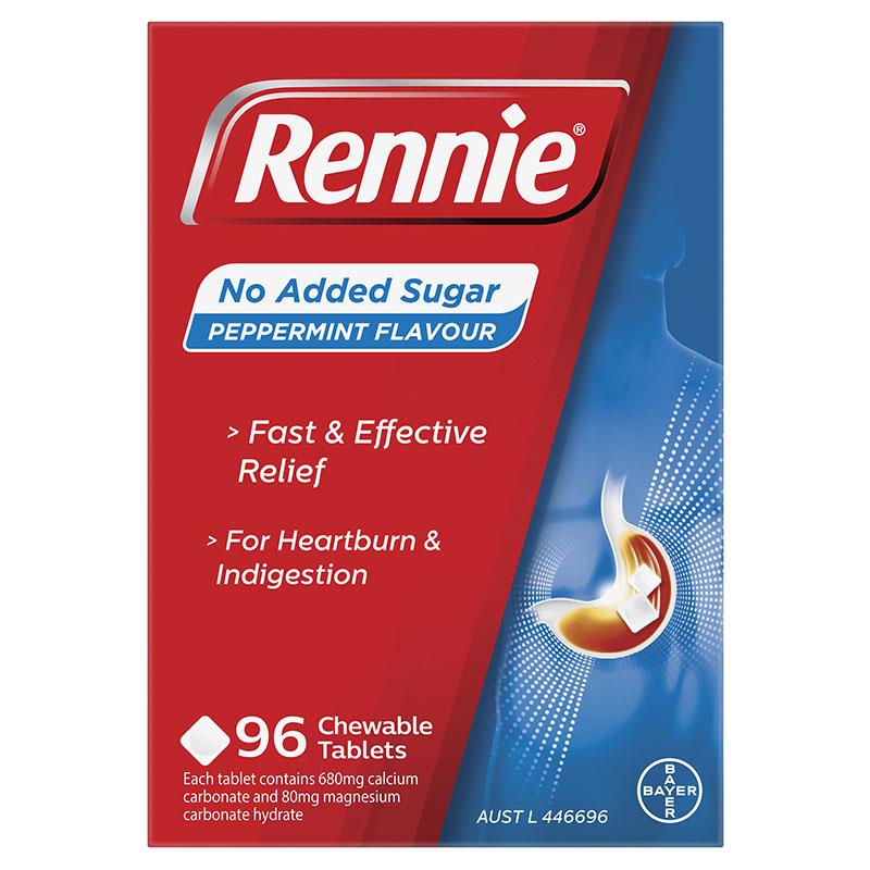 Rennie No Added Sugar Peppermint Antacid Tablets - 96 Count